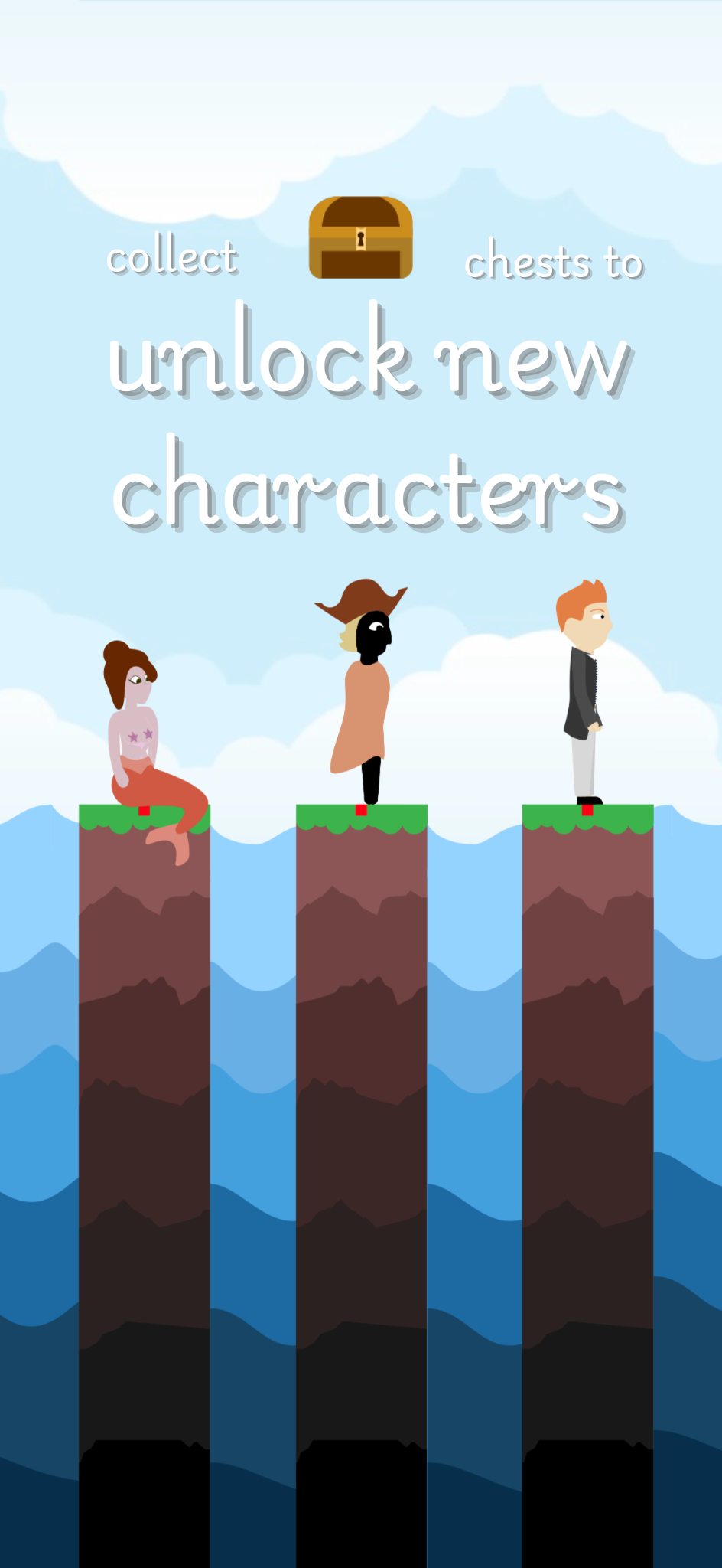 A mermaid, a pirate, and Rick Astley standing on grassy platforms with the text collect chests to unlock new characters.